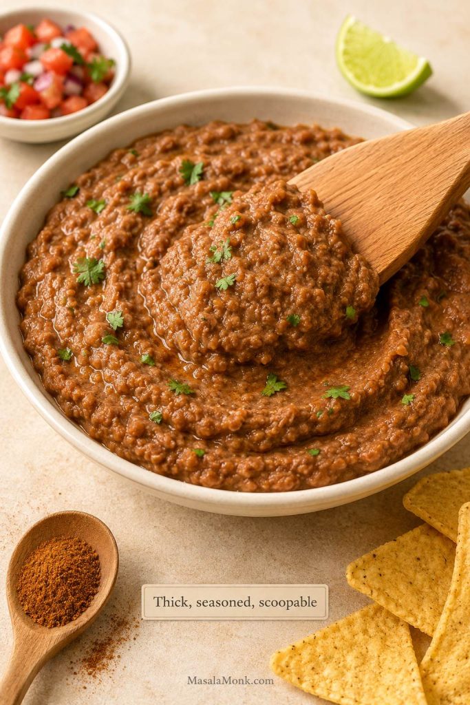 Seasoned refried beans in a bowl with a spatula showing thick scoopable texture, plus salsa, lime, chips, and seasoning nearby.