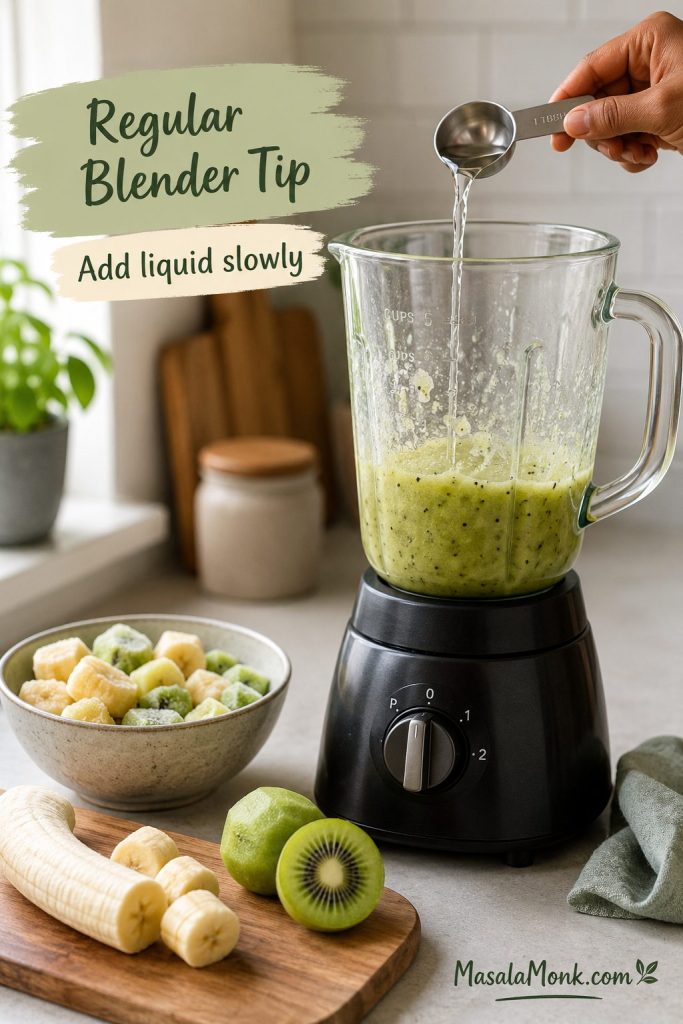 Regular blender with kiwi smoothie ingredients and liquid being added slowly