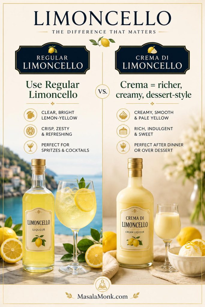 Comparison of regular clear limoncello and creamy crema di limoncello for choosing the right bottle for a limoncello spritz.