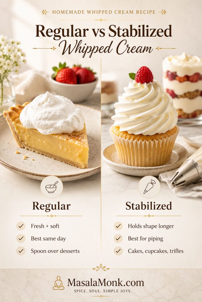 Comparison of regular whipped cream on a dessert and stabilized whipped cream piped on a cupcake with labels for same-day use and longer hold.