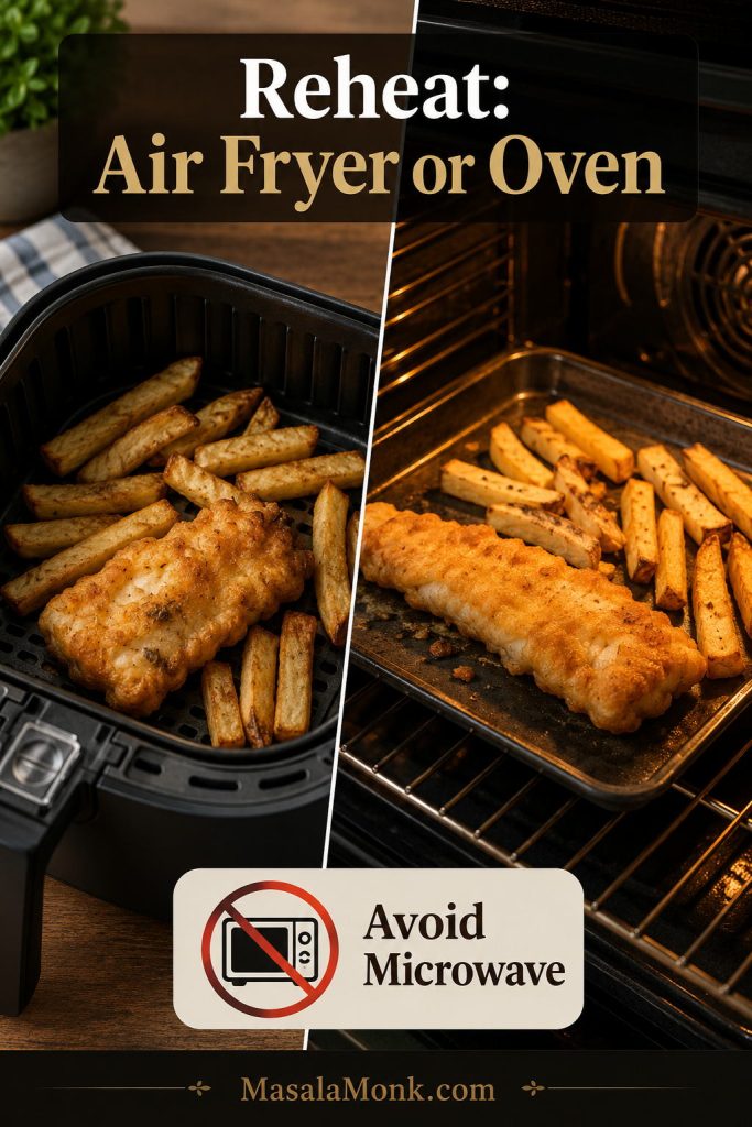 Fish and chips being reheated in an air fryer and oven with a reminder to avoid the microwave.