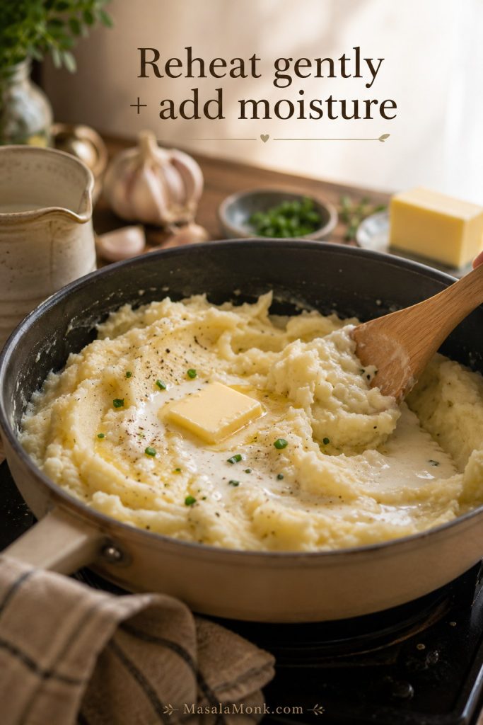 Garlic mashed potatoes being reheated gently with warm milk or cream and butter in a pot.
