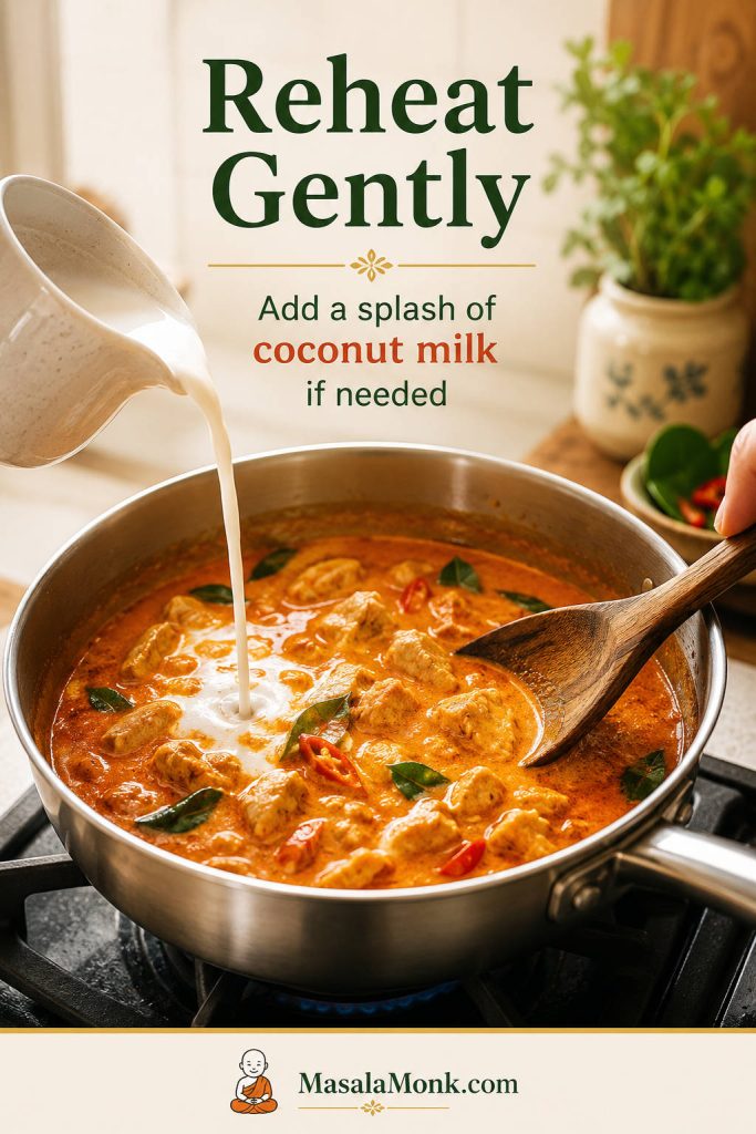 Panang curry reheating gently in a saucepan while coconut milk is poured in and the sauce is stirred with a wooden spoon.