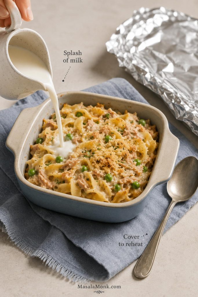 Leftover tuna noodle casserole in a small dish with milk being poured in and foil nearby for reheating.