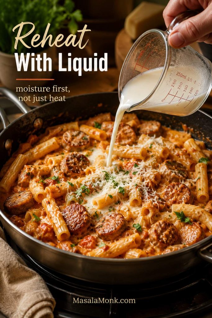 Creamy sausage pasta reheating in a skillet while milk or cream is poured in from a measuring cup.
