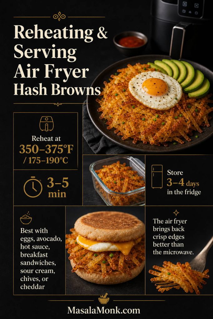 Infographic for reheating and serving crispy hash browns showing leftover hash browns being reheated in the air fryer and serving suggestions such as eggs, avocado, hot sauce, sour cream, cheddar, and breakfast bowls.