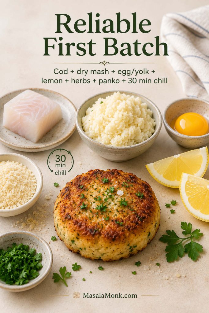 Ingredient guide for a reliable first batch of fish cakes with cod, dry mashed potato, egg or yolk, lemon, herbs, panko, and a finished cake