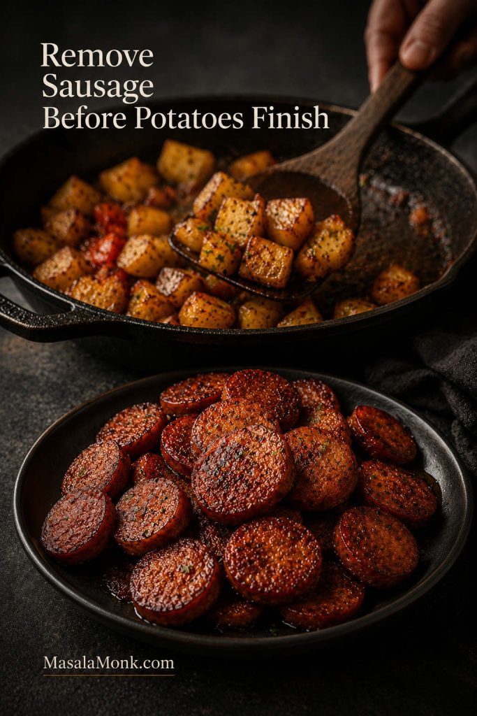 Browned kielbasa on a plate beside a skillet of potatoes cooking in the pan drippings.