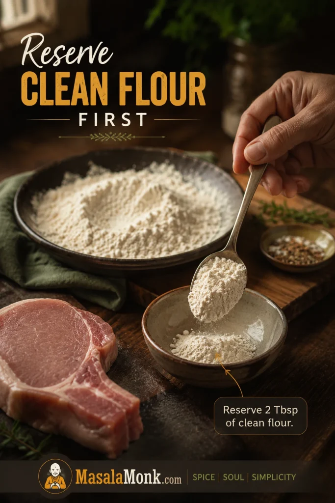 Spoonful of flour being reserved in a clean bowl before raw pork chops are dredged in the remaining flour.