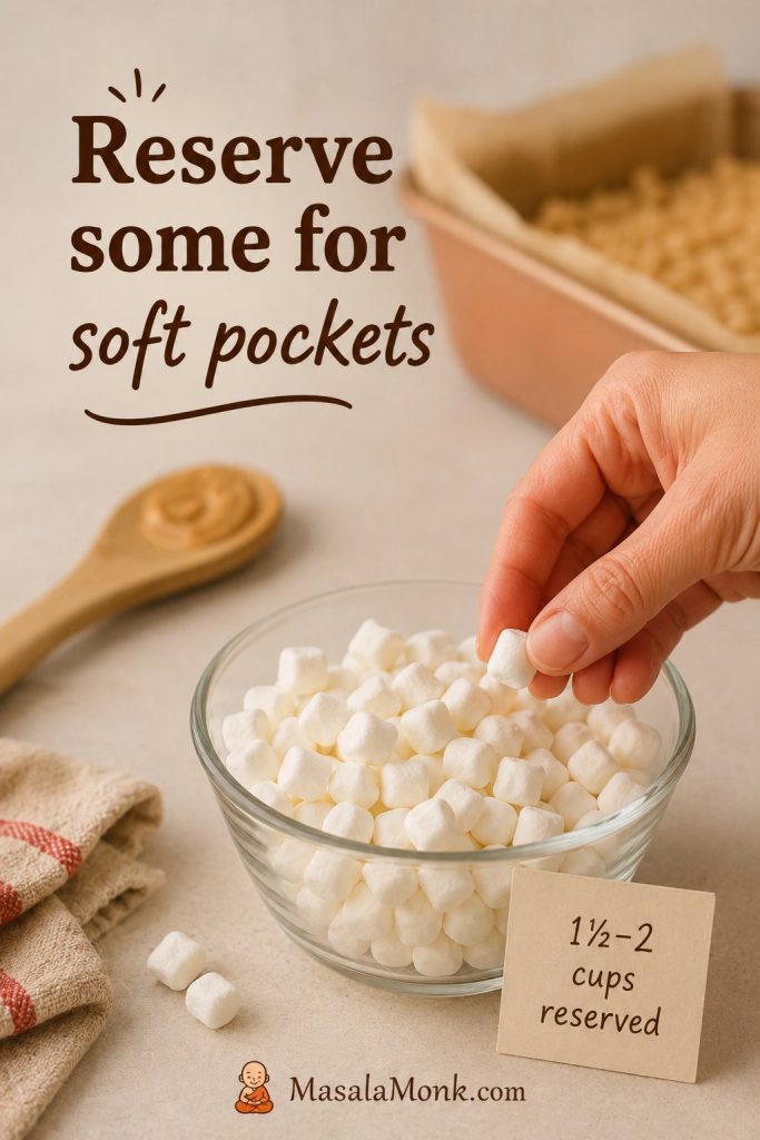 Mini marshmallows reserved in a bowl for folding into peanut butter rice crispy treats at the end.