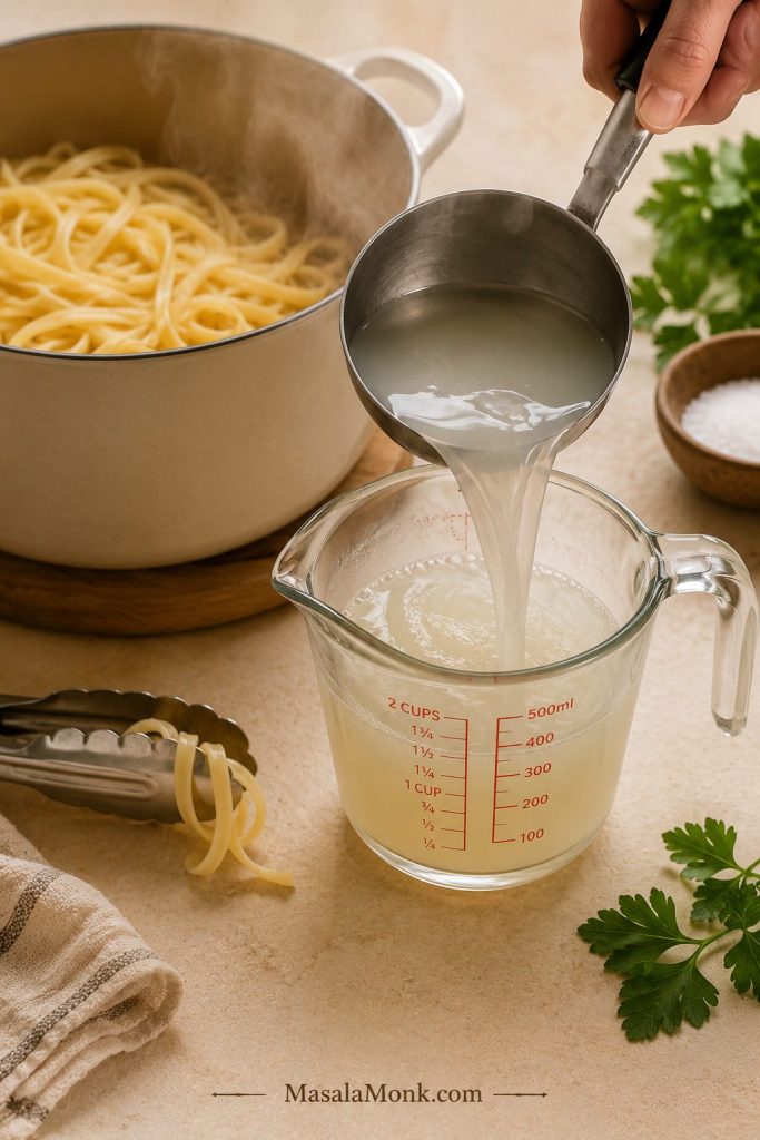 Cloudy pasta water being scooped into a measuring cup beside a pot of pasta