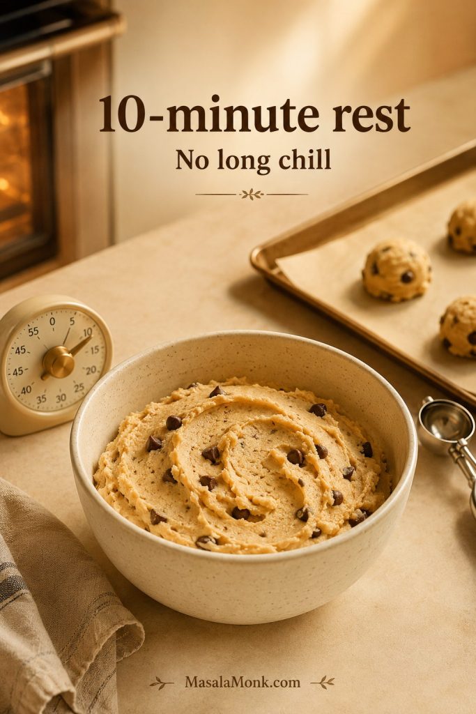 Almond flour cookie dough resting in a bowl near a timer and parchment-lined tray.