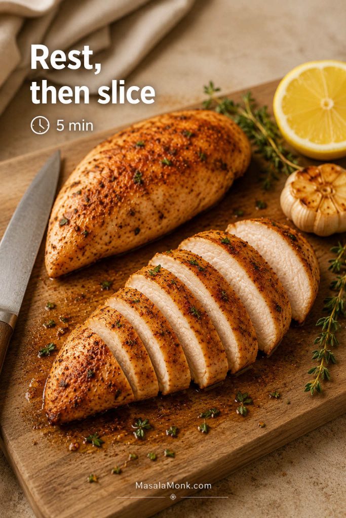 Baked chicken breast resting and sliced on a cutting board with herbs and lemon.