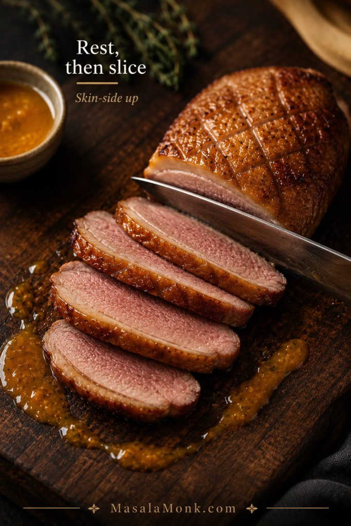 Rested duck breast being sliced against the grain with crispy skin, pink meat, and orange sauce nearby