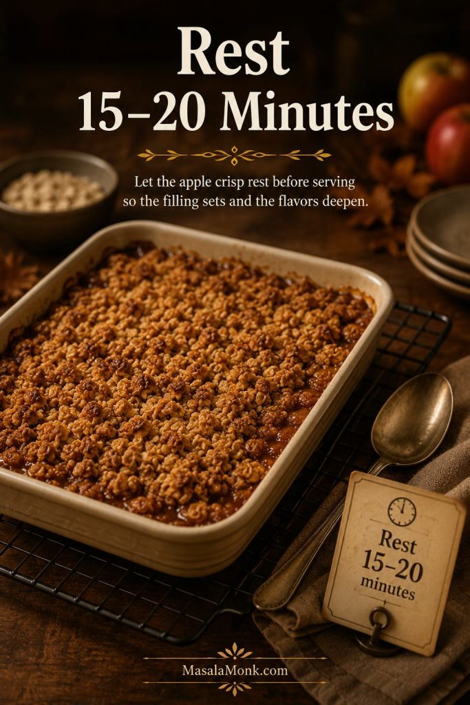 Freshly baked apple crisp resting on a cooling rack with a 15 to 20 minute rest cue.
