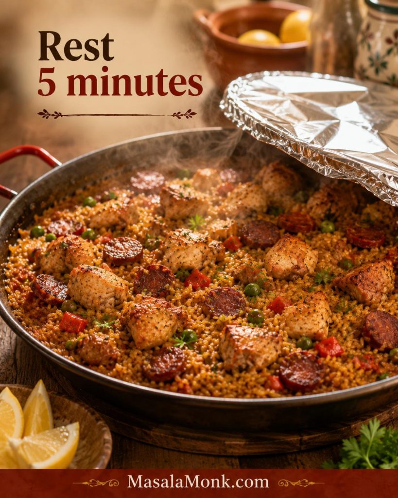 Finished chicken and chorizo paella resting under lifted foil with steam, golden rice, chicken, chorizo, peas and lemon nearby.