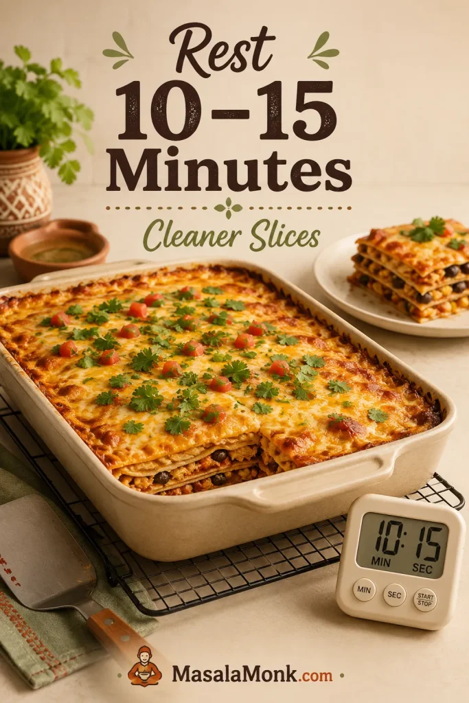 No-roll layered chicken enchilada casserole resting on a cooling rack with a timer and spatula nearby.