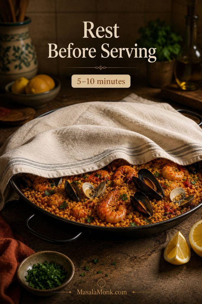 Finished paella resting under a towel with lemon wedges and parsley nearby.