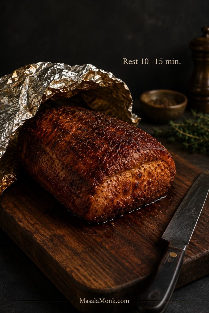 Smoked pork loin resting under a loose foil tent before slicing