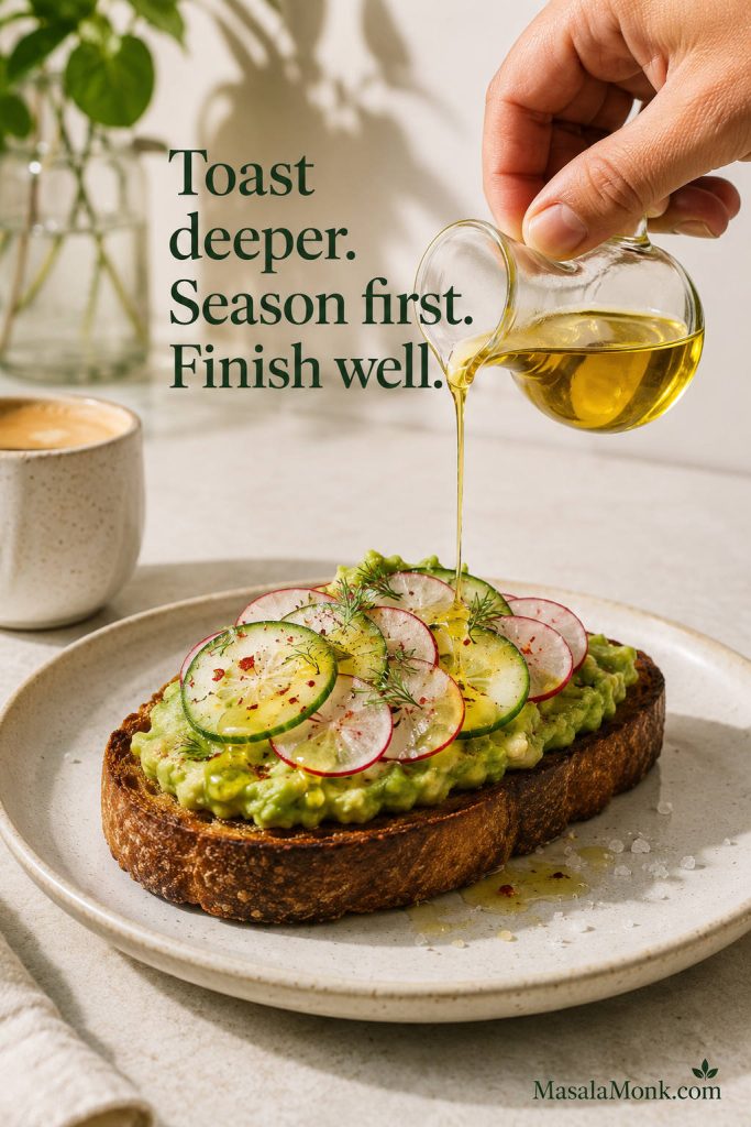 Restaurant-style avocado toast with olive oil being drizzled over avocado, radish, cucumber, herbs, and crisp bread.