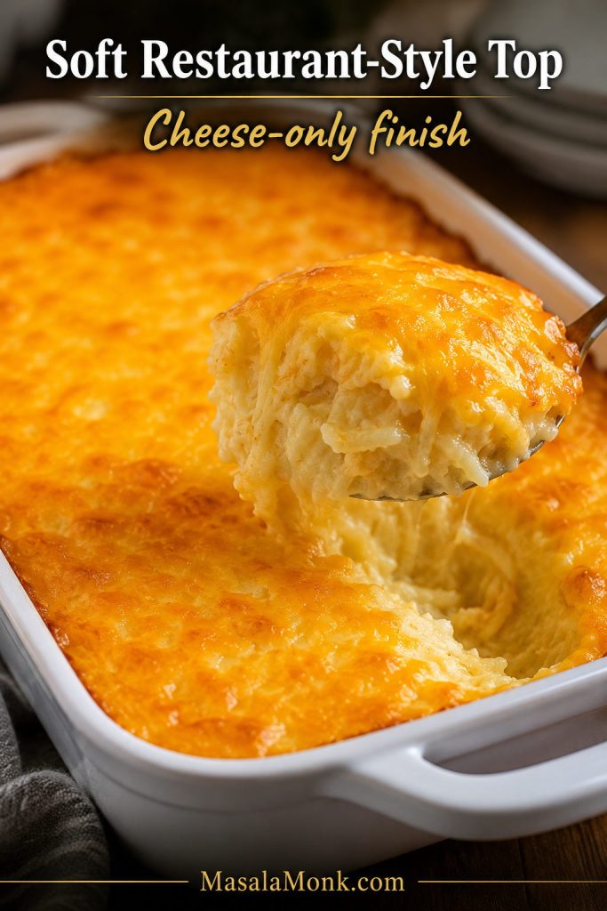 Restaurant-style hashbrown casserole with a cheese-only topping and creamy potato center.