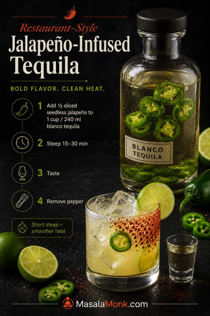 Jalapeño-infused tequila guide with sliced jalapeño steeping in blanco tequila for a restaurant-style spicy margarita.