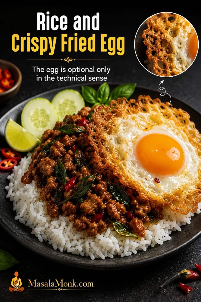 Pad Kra Pao rice plate with glossy basil meat, fluffy rice, a lacy crispy fried egg, and a close-up egg texture inset.