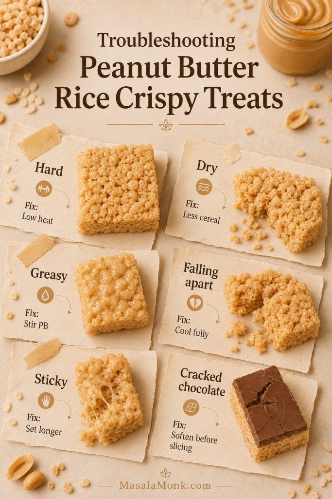 Troubleshooting board for peanut butter rice crispy treats with fixes for hard, dry, greasy, sticky, falling apart, and cracked chocolate bars.