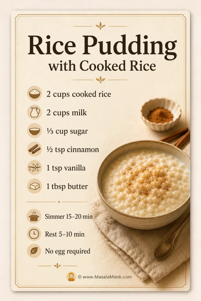 Recipe card for rice pudding with cooked rice listing cooked rice, milk, sugar, cinnamon, vanilla, butter, simmer time, rest time, and no egg required.