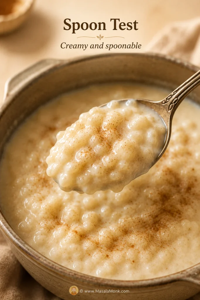 Spoon lifting creamy rice pudding with visible cooked rice grains and cinnamon on top.