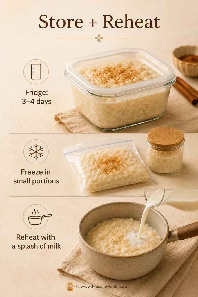 Rice pudding storage and reheating guide showing a fridge container, freezer portion, and milk being added while reheating.