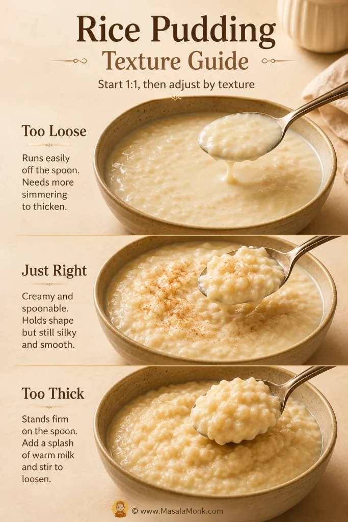 Three rice pudding textures in bowls, labeled too loose, just right, and too thick.