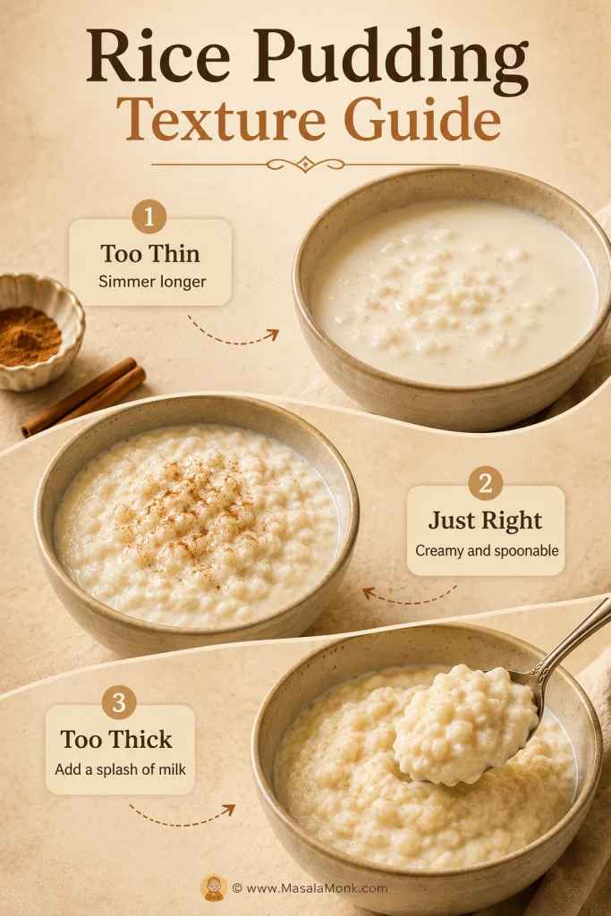 Rice pudding texture guide showing too thin, just right, and too thick pudding with simple fixes for each.