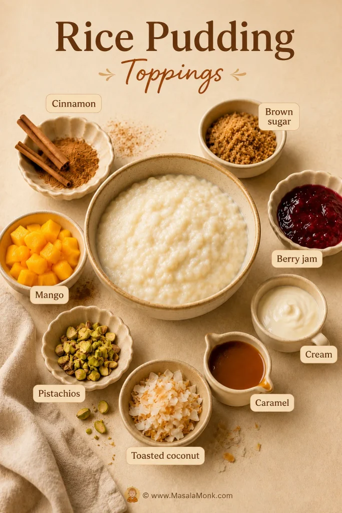 Rice pudding toppings guide with cinnamon, brown sugar, berry jam, mango, pistachios, toasted coconut, caramel, and cream.