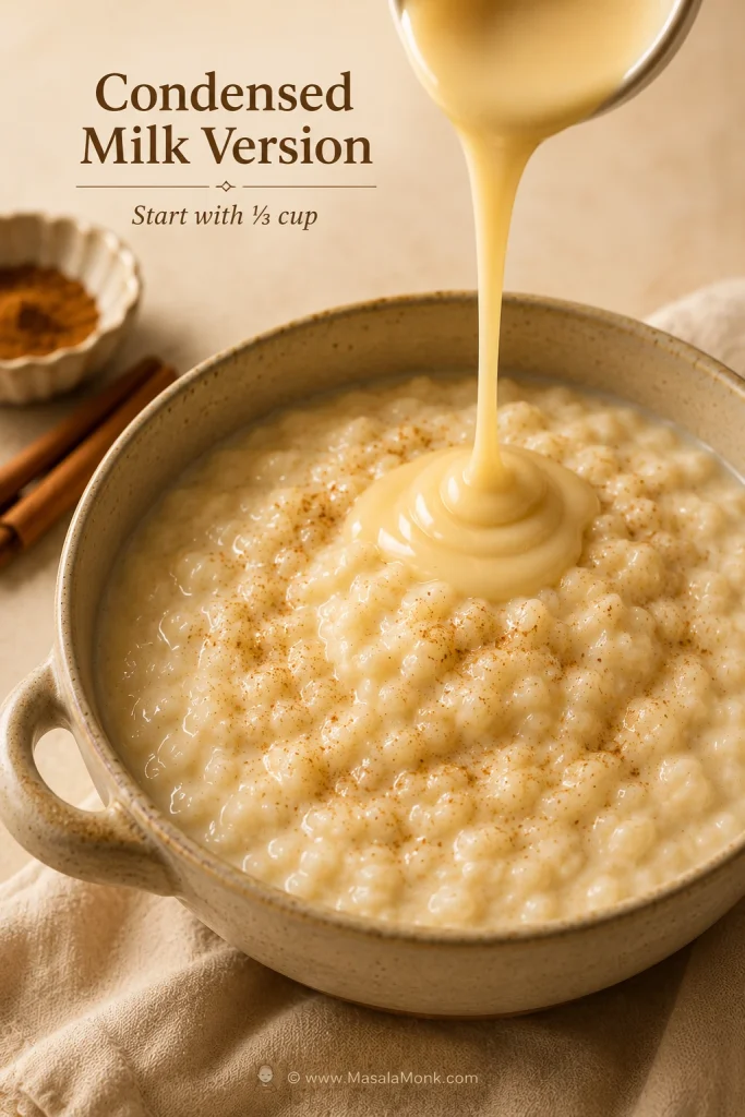 Condensed milk being poured into creamy rice pudding made with cooked rice.