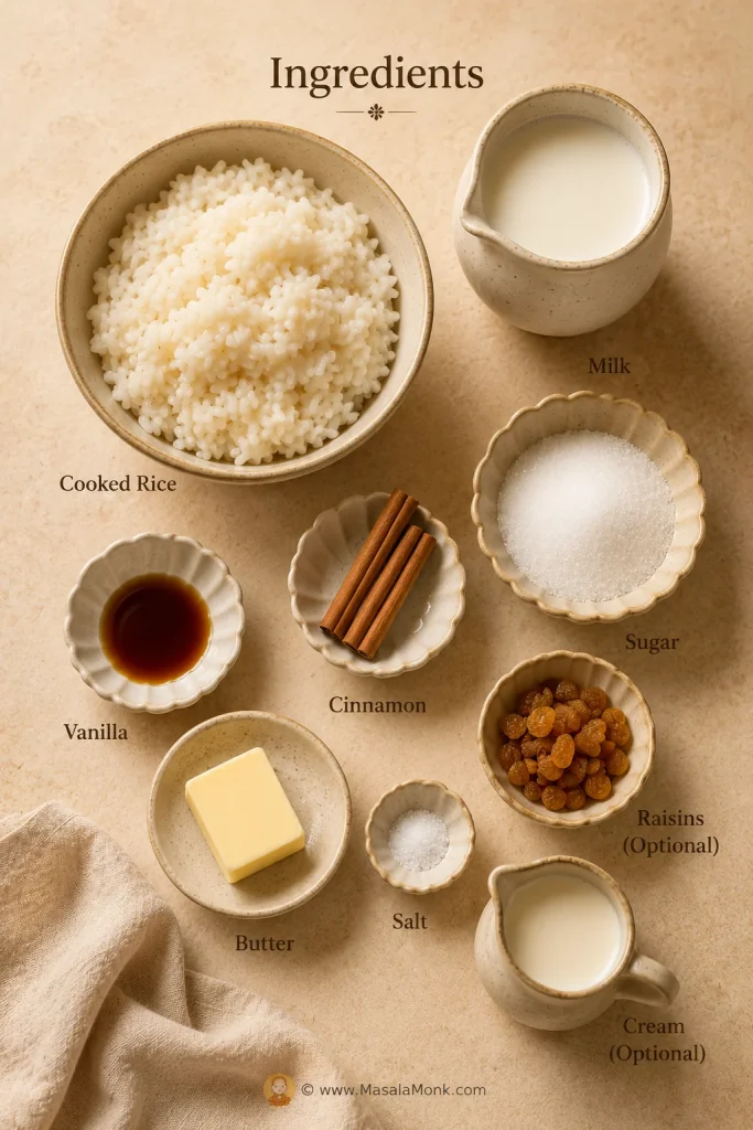 Ingredients for rice pudding with cooked rice, including cooked rice, milk, sugar, cinnamon, vanilla, butter, salt, raisins, and cream.