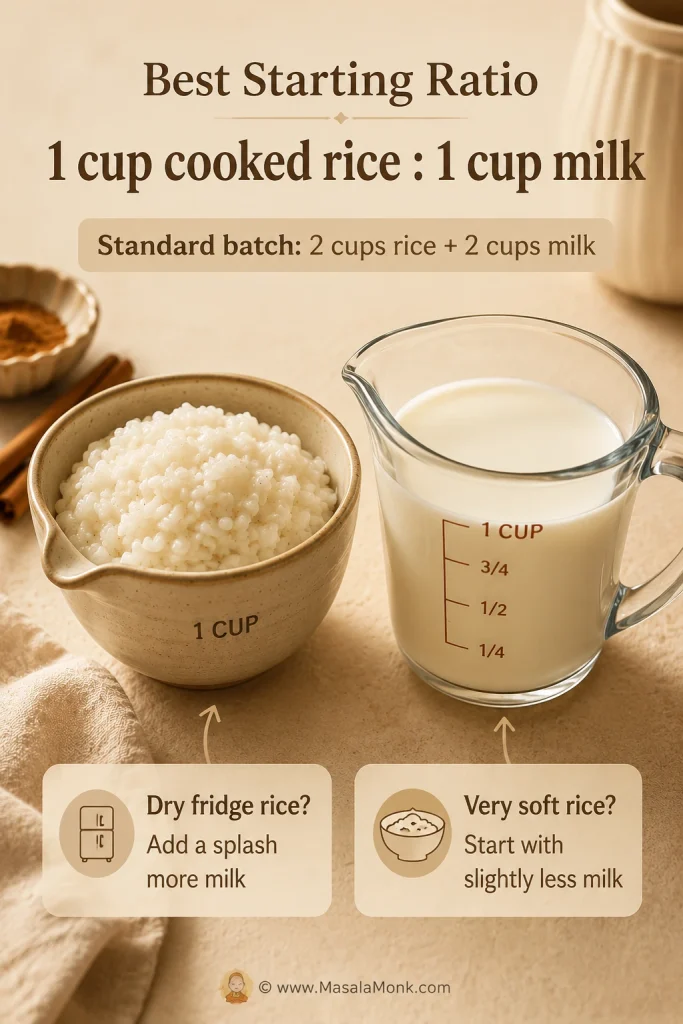 Ratio guide for rice pudding with cooked rice showing one cup cooked rice to one cup milk, with notes for dry and soft rice.