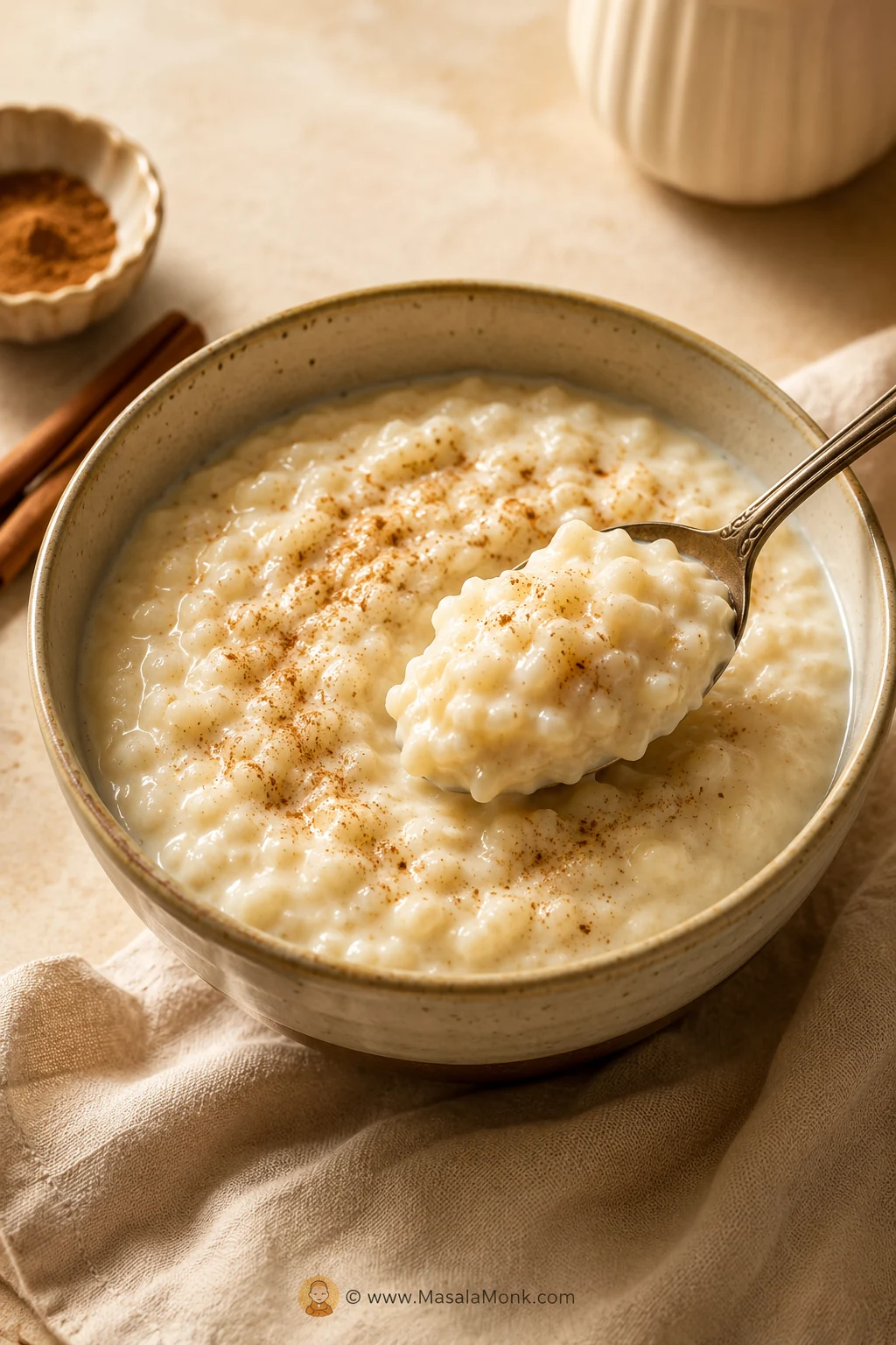Creamy rice pudding made with cooked rice in a ceramic bowl, lightly dusted with cinnamon and served with a spoon.