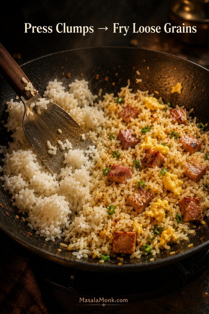 Cold rice in a skillet being pressed from clumps into loose grains with a spatula.