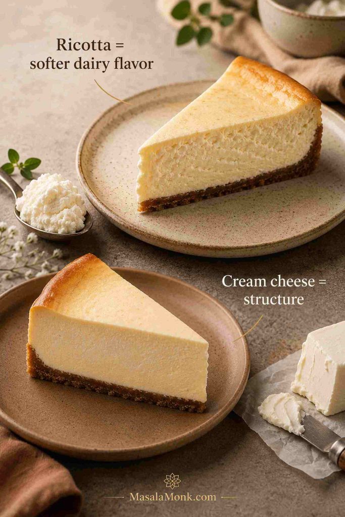 Ricotta and cream cheese cheesecake texture comparison with two cheesecake slices and dairy cues