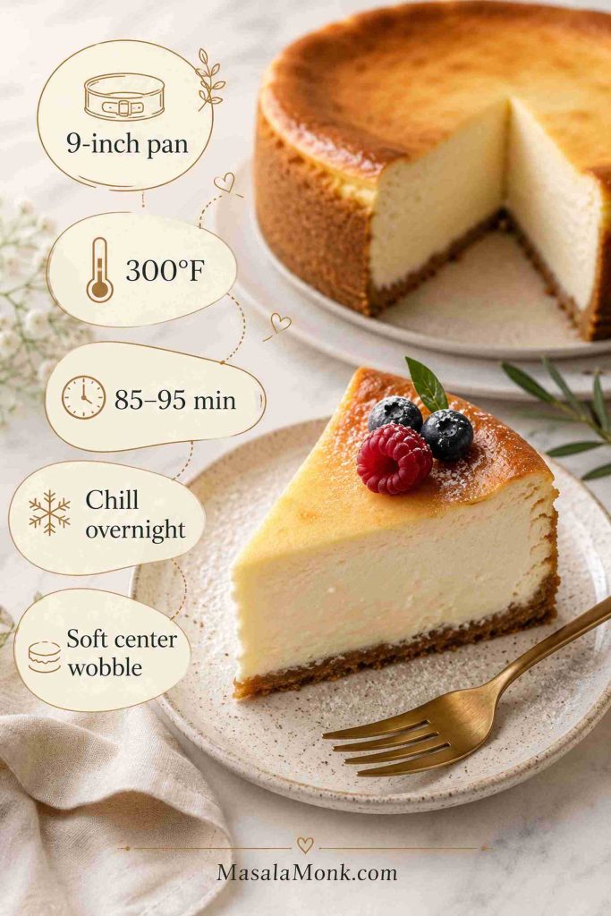Ricotta cheesecake guide with pan size, oven temperature, bake time, chill time, and soft center wobble cues
