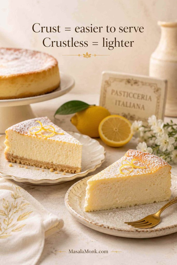 Ricotta cheesecake slice with crumb crust compared with a crustless ricotta cheesecake slice
