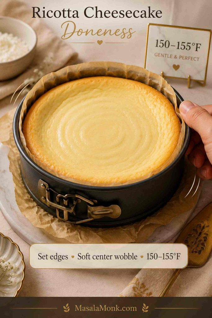 Ricotta cheesecake in a springform pan showing set edges, soft center wobble, and 150 to 155 degree Fahrenheit cue