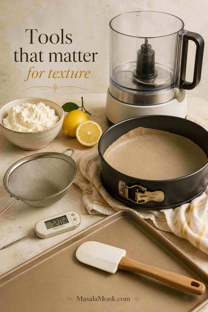 Food processor, springform pan, strainer, thermometer, spatula, and baking sheet for ricotta cheesecake
