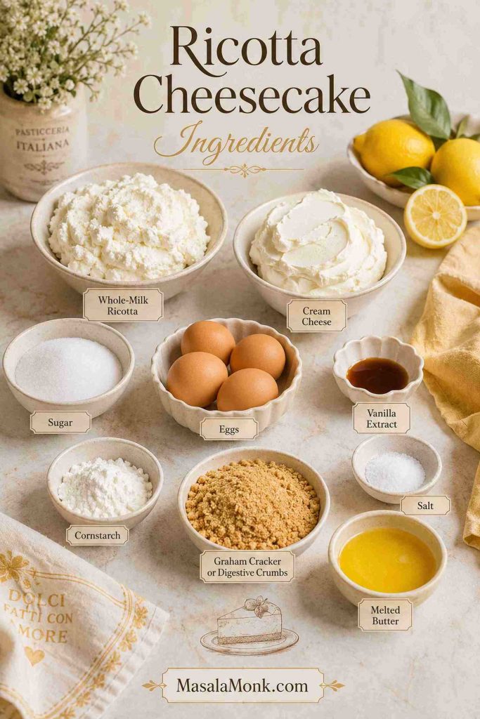 Ricotta cheesecake ingredients including ricotta, cream cheese, eggs, sugar, lemon, vanilla, cornstarch, crumbs, and butter