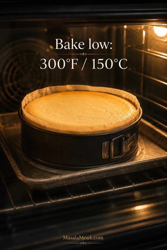 Ricotta cheesecake baking in a springform pan inside an oven at 300 degrees Fahrenheit