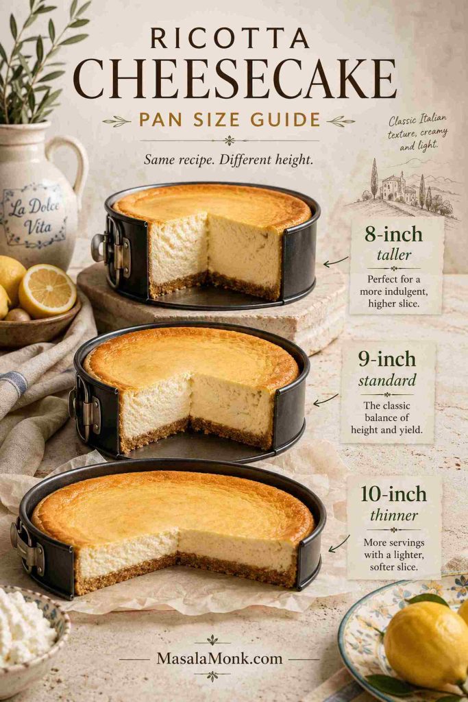 Pan size guide showing taller 8-inch, standard 9-inch, and thinner 10-inch ricotta cheesecakes