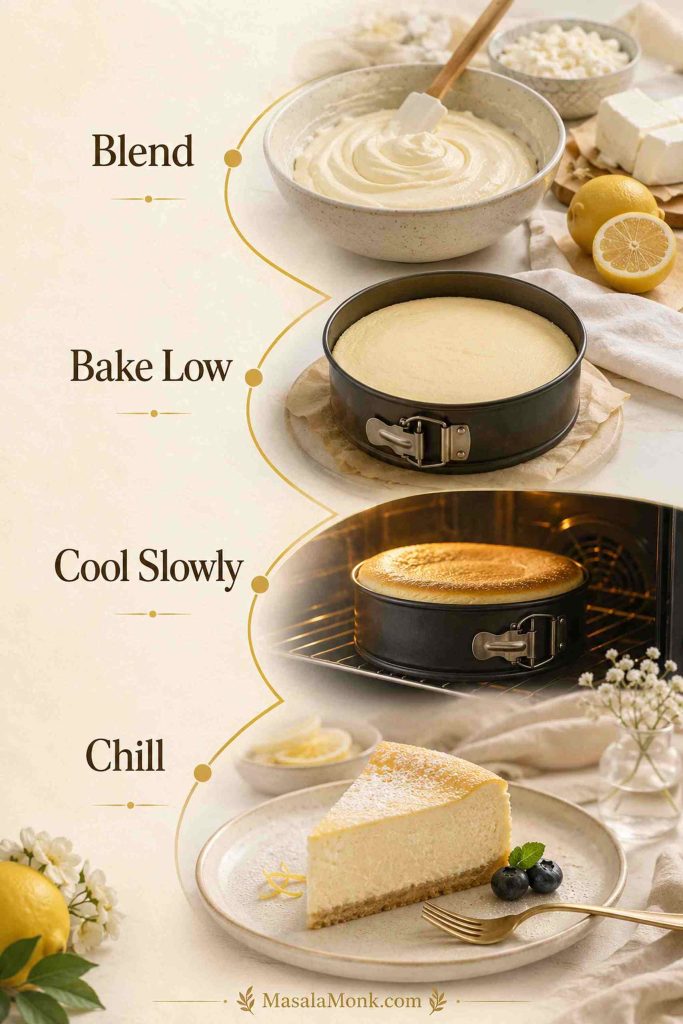 Four-step ricotta cheesecake guide showing blending, low baking, slow cooling, and chilling
