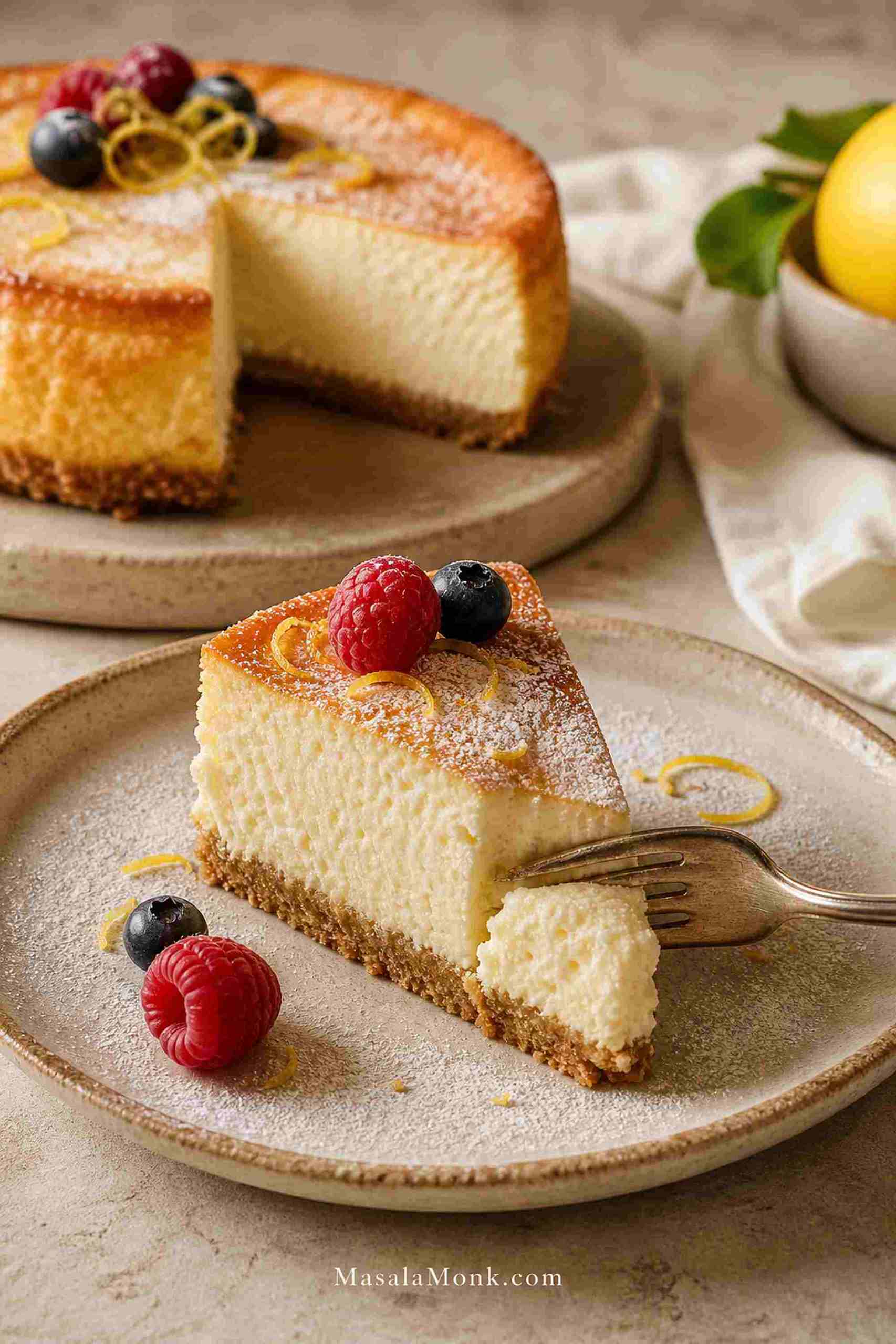 Ricotta cheesecake slice with crumb crust, lemon zest, berries, powdered sugar, and a fork cutting into the filling.