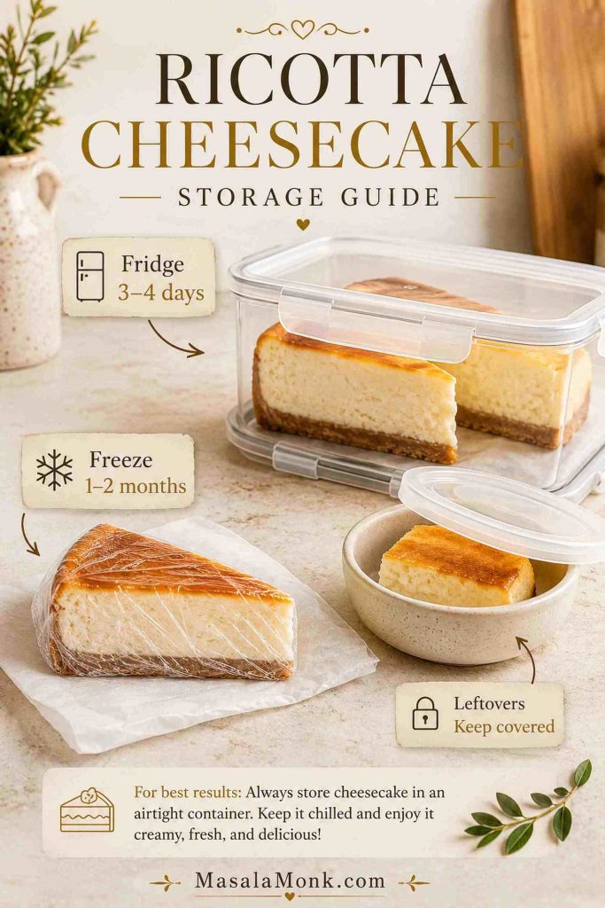 Ricotta cheesecake slices stored in airtight containers and wrapped for freezing with fridge and freezer timing labels